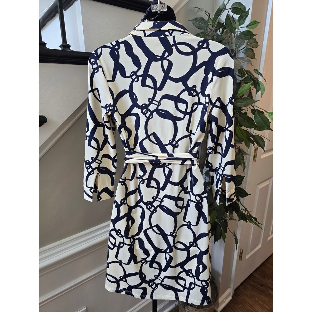 Julie Brown Shift Dress S Navy Ivory Peruzzi Wrap Tie-Waist 3/4 Sleeve Party - Picture 3 of 9